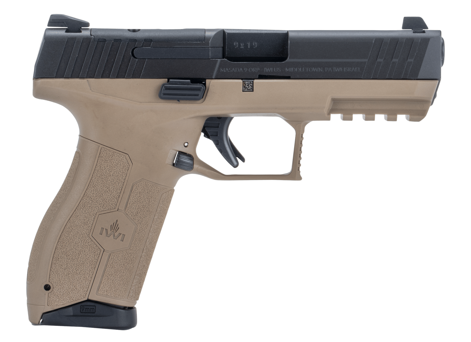IWI US M9ORP17FD MASADA  9mm Luger 17+1 4.10" Black Button Rifled Steel Barrel/Black Optic Ready/Serrated Slide/Flat Dark Earth Polymer Frame w/Picatinny Rail/FDE Polymer Grips Ambidextrous