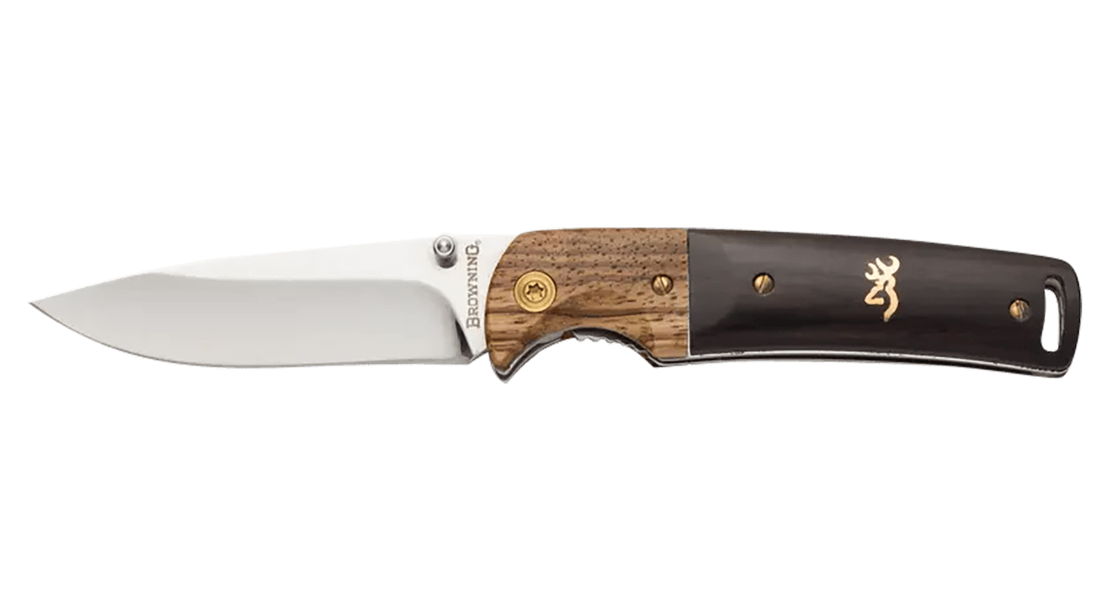 Browning 3220231 Buckmark Hunter EDC 3" Folding Drop Point, Plain Mirror Polished 8Cr14MoV SS Blade, Black/Natural Finger Grooved w/Brass Accents Hardwood Handle, Includes Pocket Clip