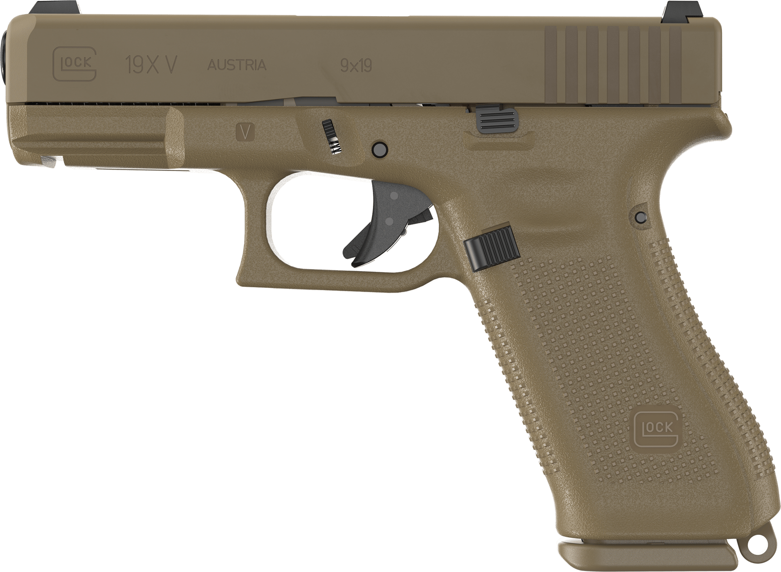 Glock UV1950701X G19X V 9mm Luger 10+1 4.02" Black GMB Barrel, Coyote nPVD Steel Serrated Slide, Coyote Brown Polymer Frame, Textured Polymer Grip, Ambidextrous