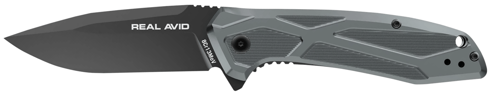 Real Avid AVRAV2 RAV-2  3.25" Folding Drop Point Plain Black Oxide 8Cr13MoV SS Blade, Aluminum Handle, Clamshell Pkg