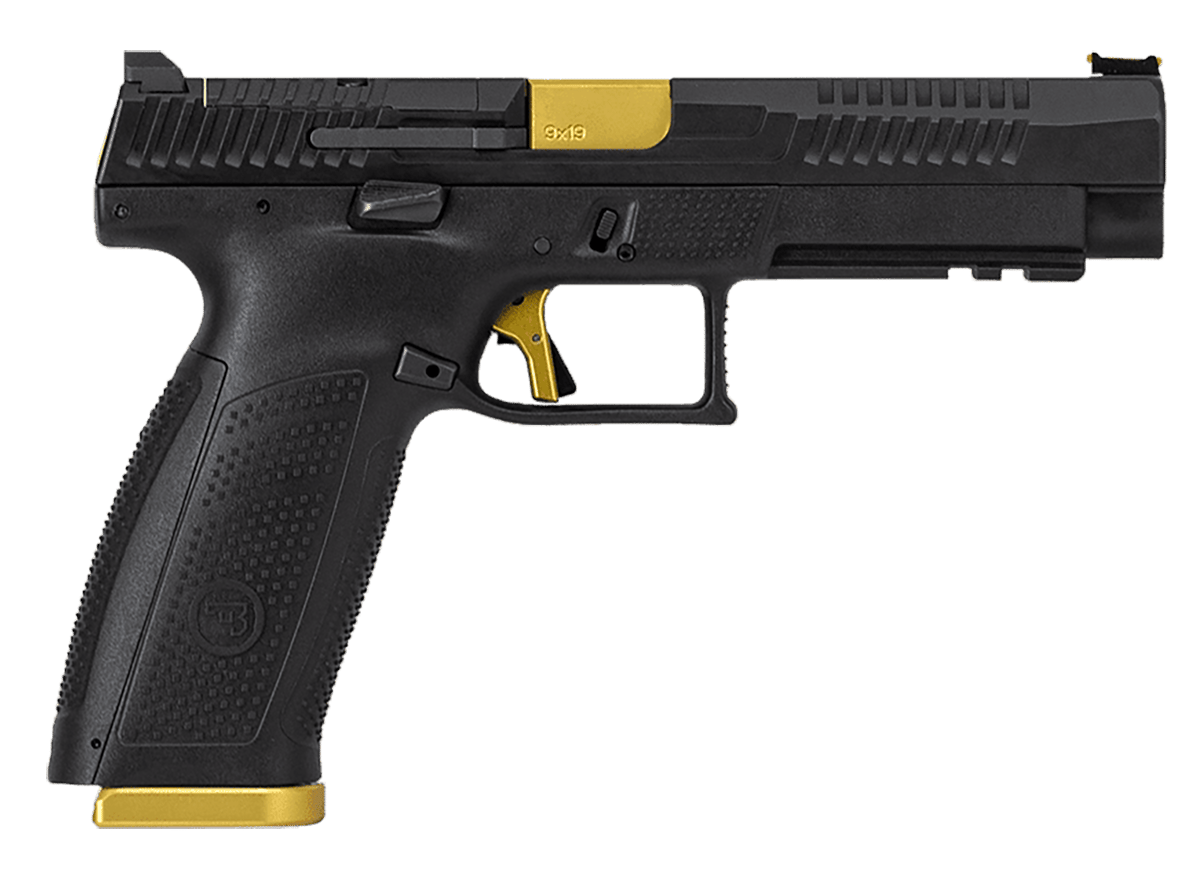 CZ-USA 95180 P-10 F Competition-Ready 9mm Luger 5" 19+1 Overall Black Finish with Inside Railed Steel with Optic Cut Slide, Polymer Grip, Gold Accents & Picatinny Rail