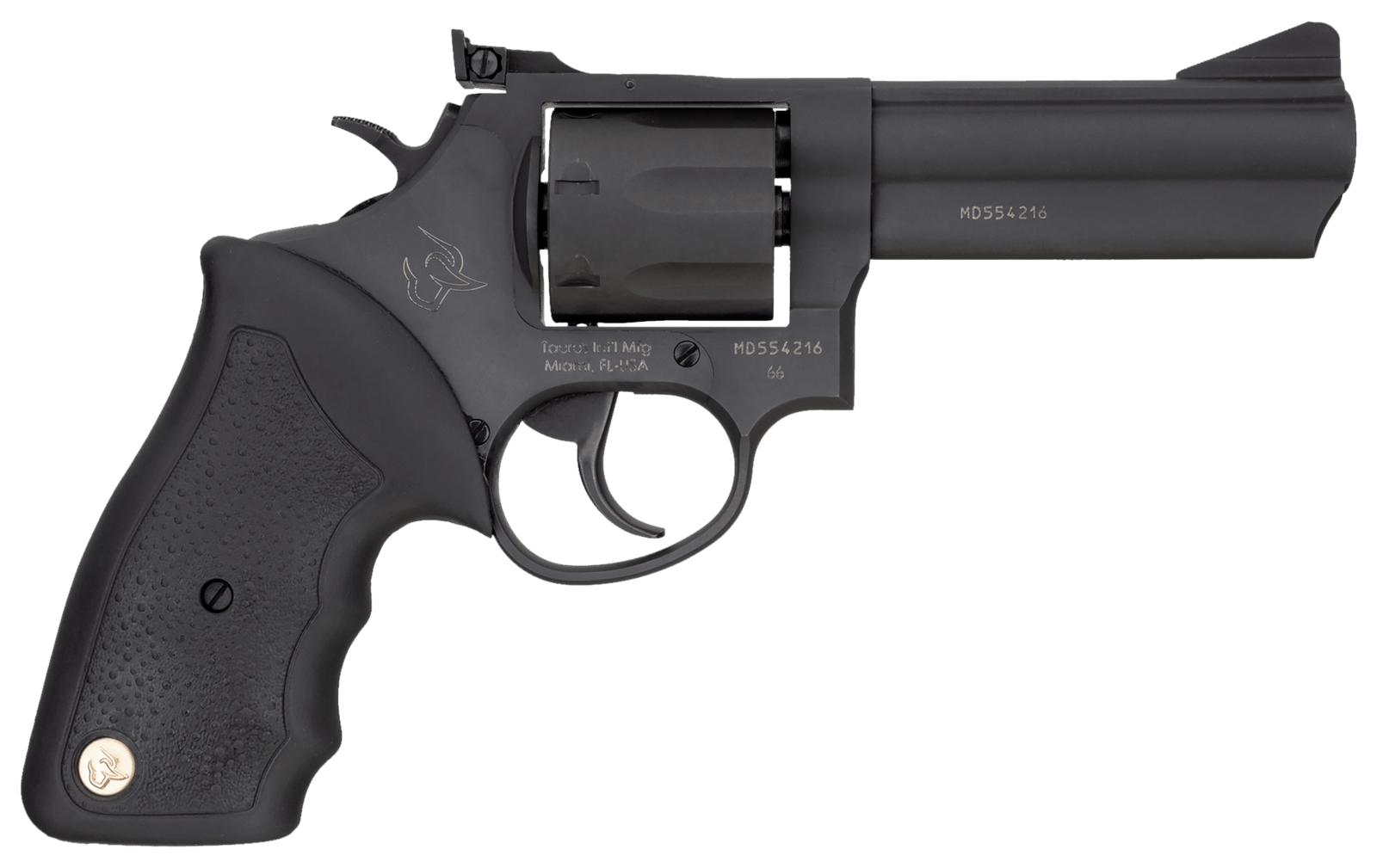 Taurus 2-660041 66  Medium 357 Mag/38 Special +P 7 Shot 4" Matte Black Oxide Ally Steel Barrel, Cylinder & Frame, Black Finger Grooved Rubber Grip, Transfer Bar Safety, Exposed Hammer