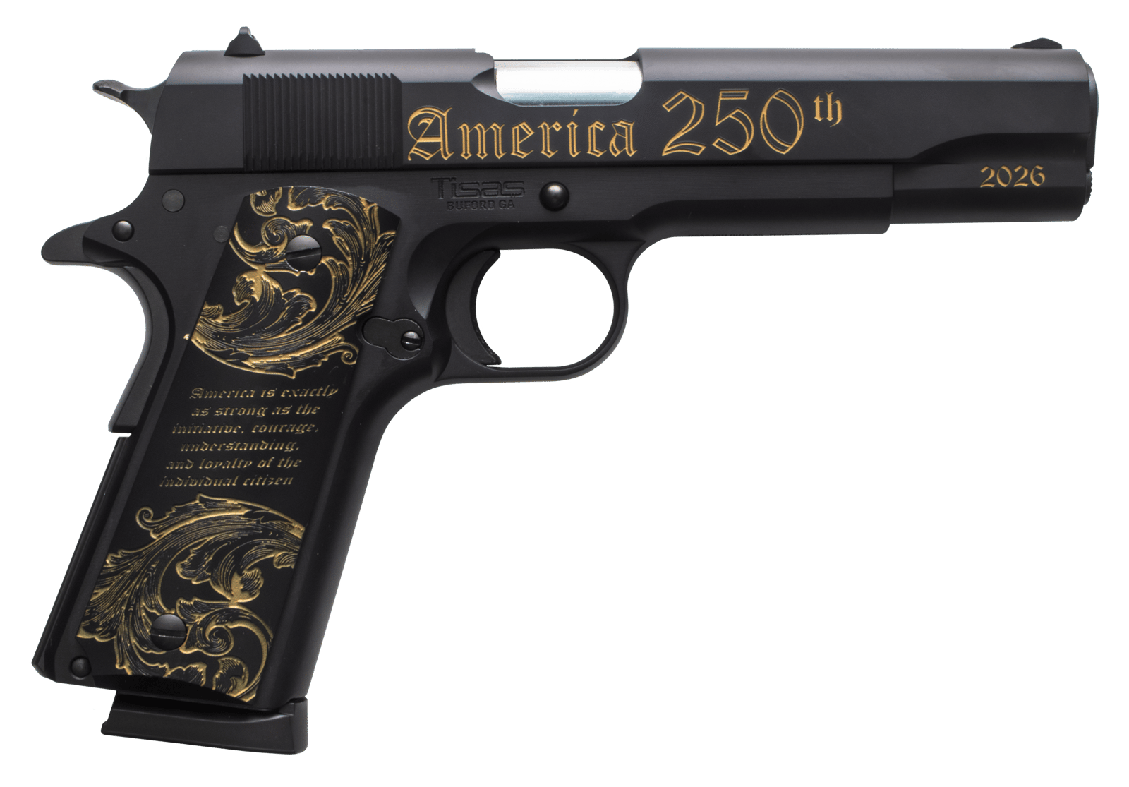 Tisas Arms 10100518US250 1911 America's 250th Full Size 45 ACP 7+1 5" Stainless Barrel, Black w/Gold Engraving Steel Serrated Slide, Black w/Gold Engraving Steel Frame w/Beavertail, Black w/Gold Accen