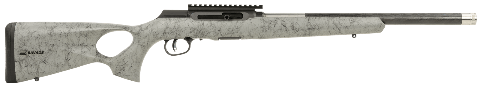 Savage Arms 47253 A Series TimberLite 22LR 10+1 18" Black Threaded Carbon Fiber/SS Barrel, Black Picatinny Rail Steel Receiver, Gray w/Black Webbing Synthetic Fixed Thumbhole Stock