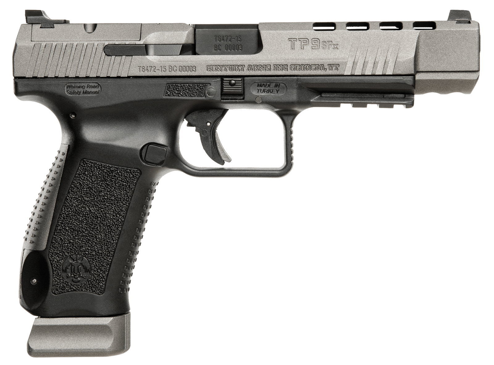 Canik HG3774GN TP9SFx  9mm Luger 20+1, 5.20" Black Nitride Match Grade Barrel, Tungsten Gray Cerakote Optic Ready/Serrated w/Ports Steel Slide, Black Polymer Frame w/Picatinny Rail, Ambidextrous