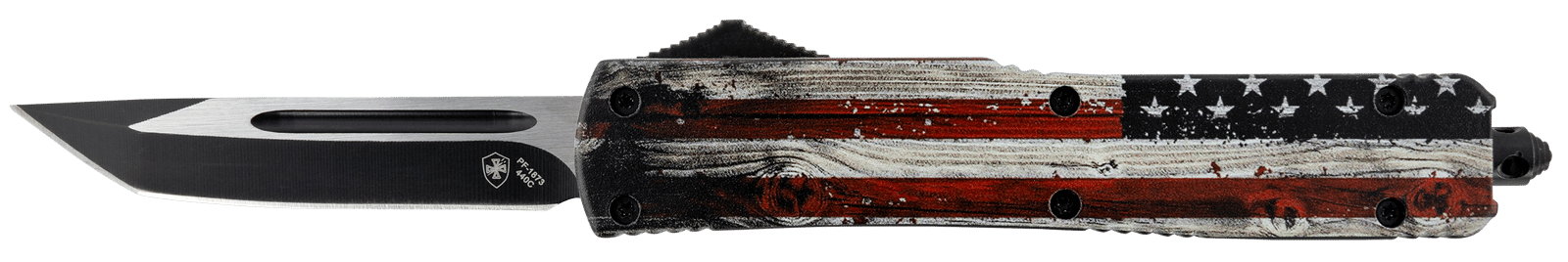Templar Knife MWUS231 Gen II Wood US Flag Slim 3.43" OTF Tanto Plain Black Oxide Stonewashed 440C SS Blade, 5.05" Painted Wood Grain US Flag Aluminum Handle, Glass Breaker