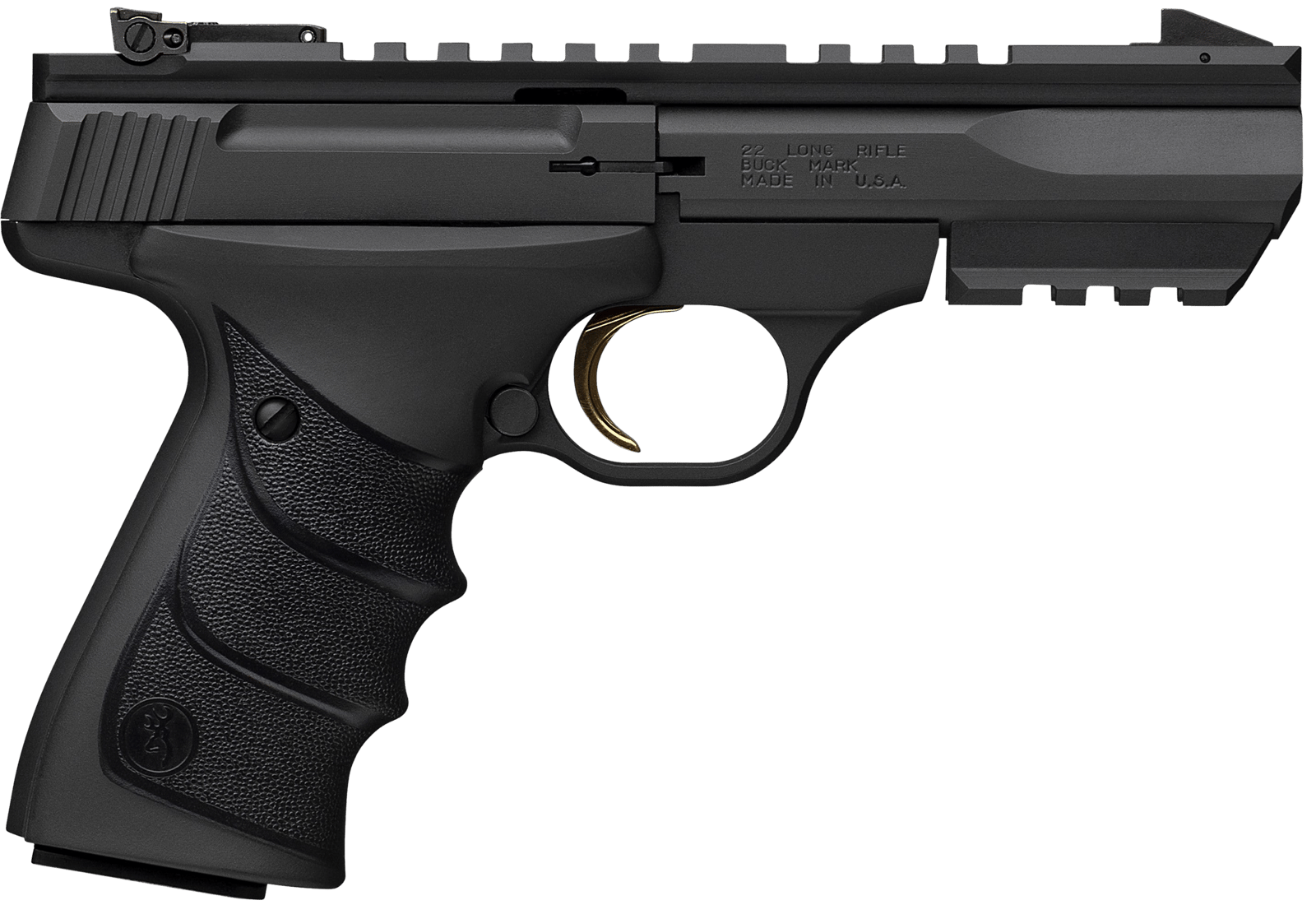 Browning 051602490 Buck Mark Black Label URX 22 LR 10+1 5.50" Matte Blued Contoured Barrel, Matte Black Serrated Slide, Matte Black Aluminum Frame w/Picatinny Rail, Black UFX Overmolded Grip