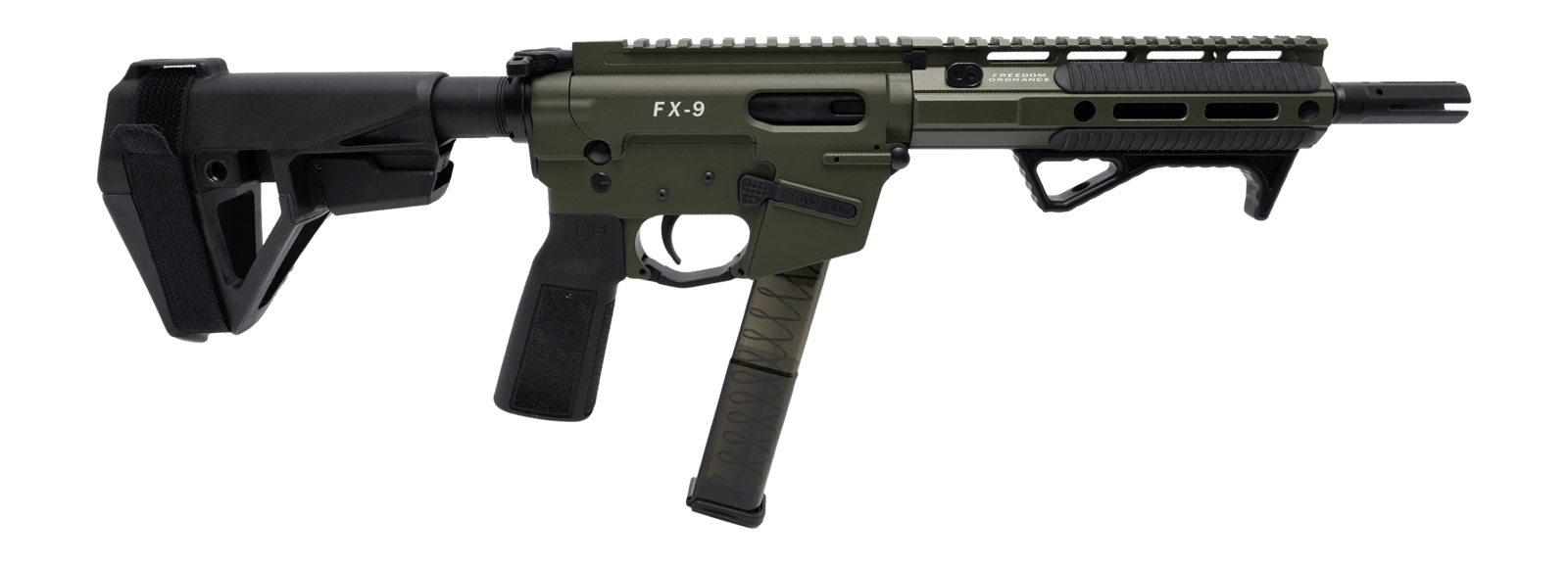 Freedom Ordance FX9P8E-ODG FX9P Elite 9mm Luger 8" Black Nitride Threaded Barrel, OD Green Anodized Aluminum Receiver w/Picatinny Rail, M-LOK Handguard, Black Polymer SB Tactical SBA5 Brace, Black Pol