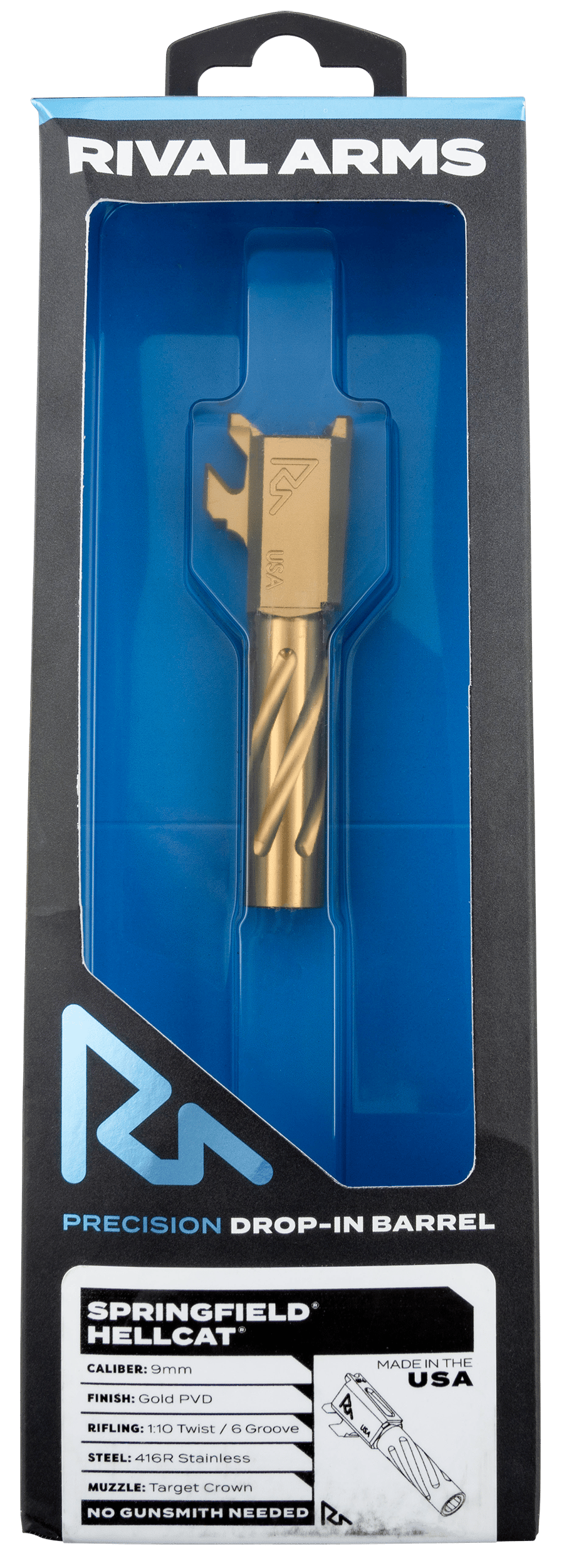 Rival Arms RARA20H101E Precision V1 Match Grade Spiral Fluted Threaded Gold PVD Stainless Steel, Fits Springfield Hellcat