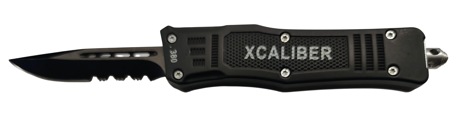 Xcaliber Knife Company  380 ACP  Small 2.75" OTF Part Serrated Black 440C SS Blade, 3.91" Steel Handle