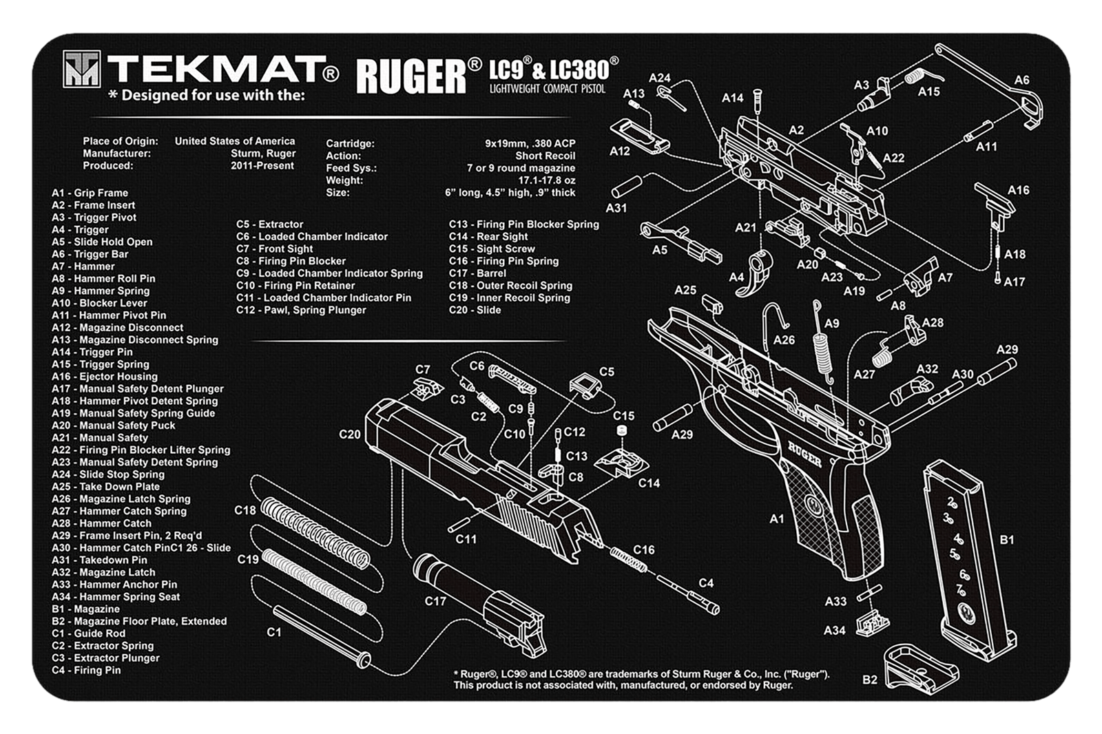 TekMat TEKR17RUGERLC9 Ruger LC9 Cleaning Mat Black/White Rubber 11"x17" Ruger LC9 Parts Diagram