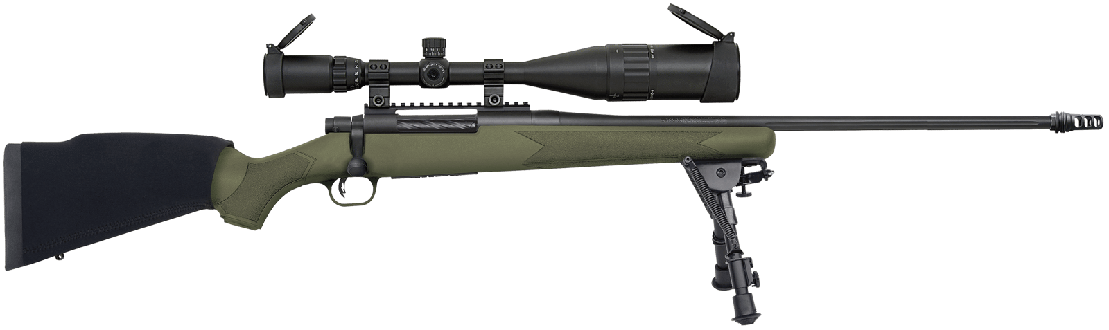 Mossberg 28122 Patriot Night Train 300 Win Mag Caliber with 3+1 Capacity, 24" Barrel, Matte Blued Metal Finish, OD Green Stock Right Hand Includes 6-24x50mm Scope & Bipod