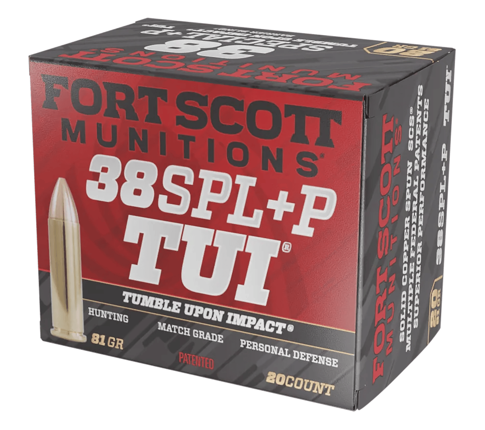 Fort Scott Munitions 38+P081SCV Tumble Upon Impact (TUI)  38Special+P 81gr Solid Copper Spun 20 Per Box/25 Case