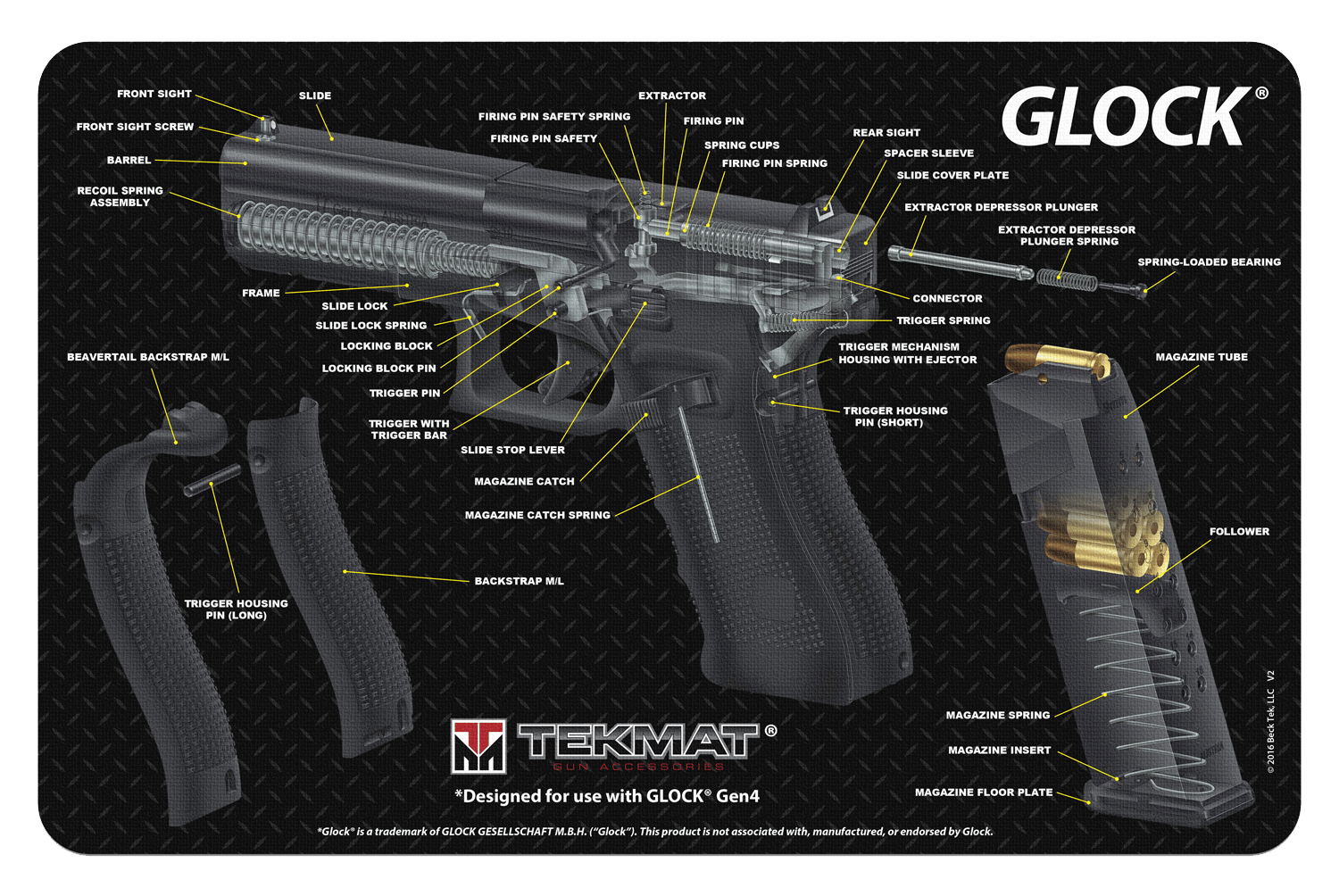 TekMat TEKR17GLOCKCA  Cleaning Mat Multi-Color Rubber 11"x17" Glock 3D Cutaway