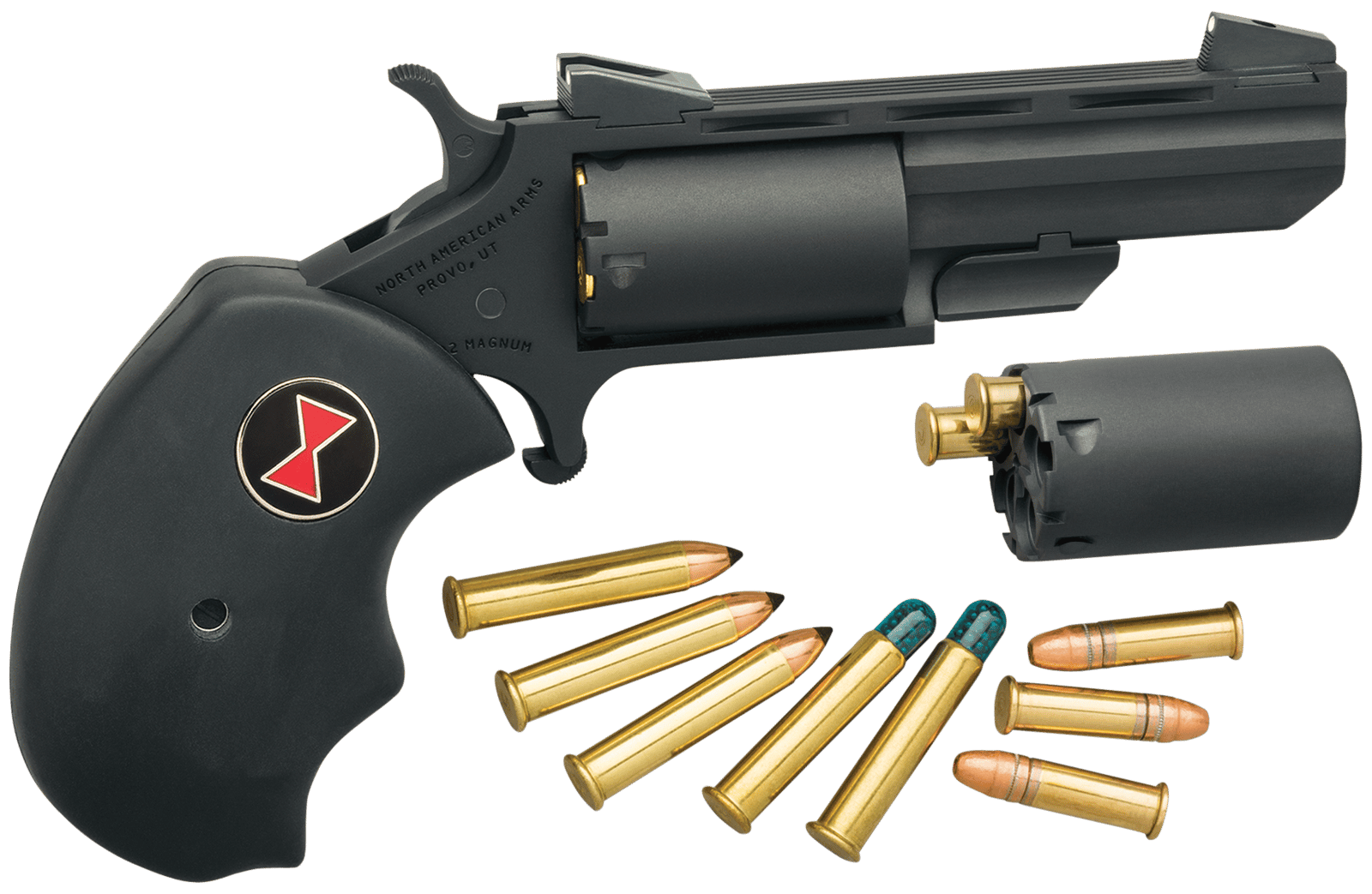 North American Arms BWCCRK Black Widow  22 LR or 22 WMR 5 Shot 2" Vent Rib Barrel, Overall Stainless Finish, Finger Grooved Black Rubber Grip & Fixed Sights Includes Cylinder