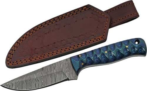 SZCO RITE EDGE 4" BLUE TWISTED WOOD HUNTER DAMASCUS W/SHTH