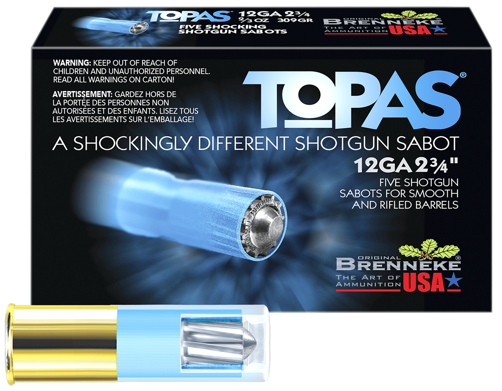 Brenneke SL122TOP TOPAS  12Gauge 2.75" 2/3oz Sabot Slug Shot 5 Per Box/50 Case
