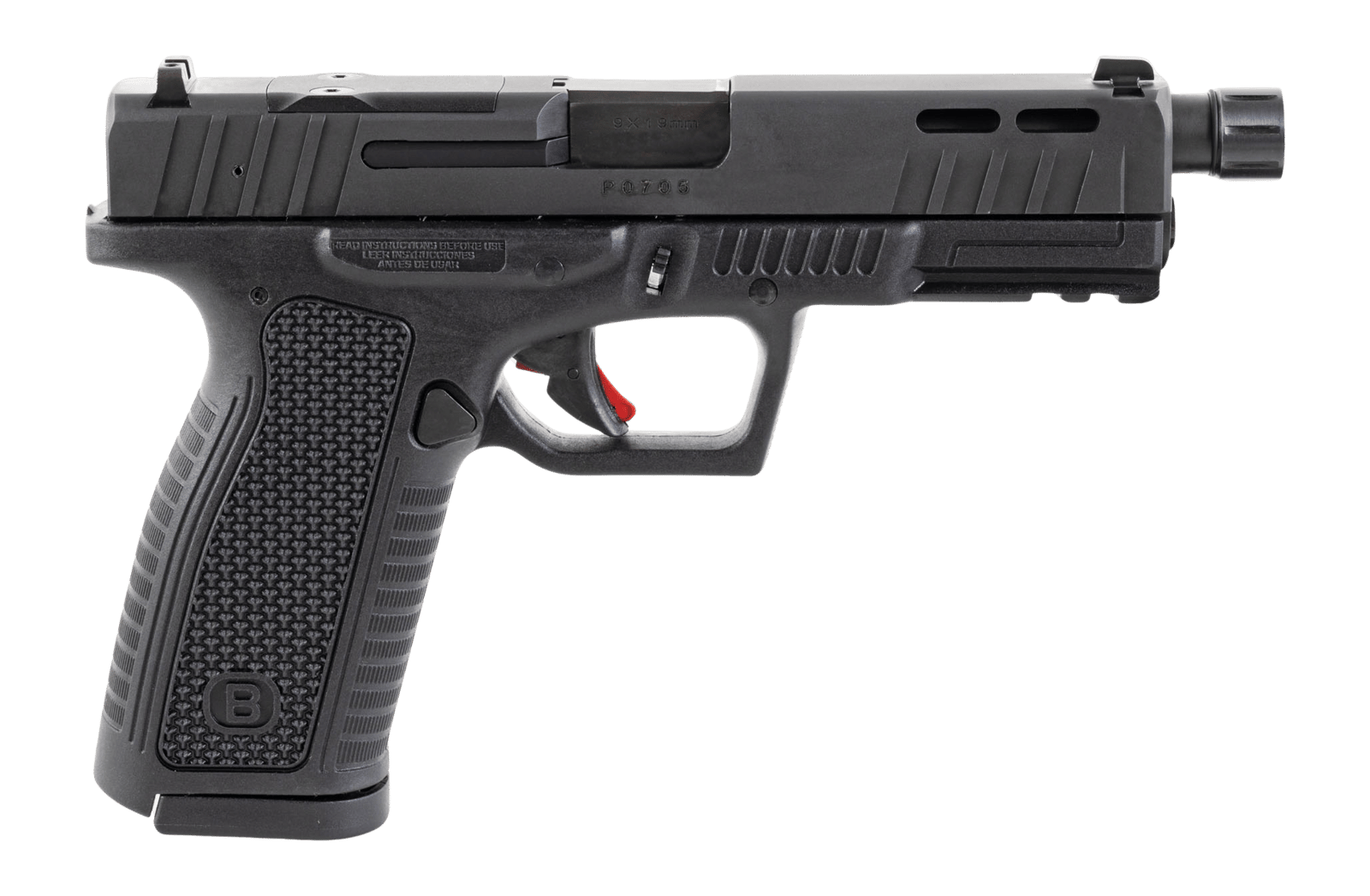 Bersa BP9FSMORX BP9  Full Size 9mm Luger 17+1 4.25" Black Threaded Barrel, Matte Black Steel Lightening Cut/Optic Cut/Serrated Slide, Black Polymer Frame w/Picatinny Rail, Hex Textured Grip