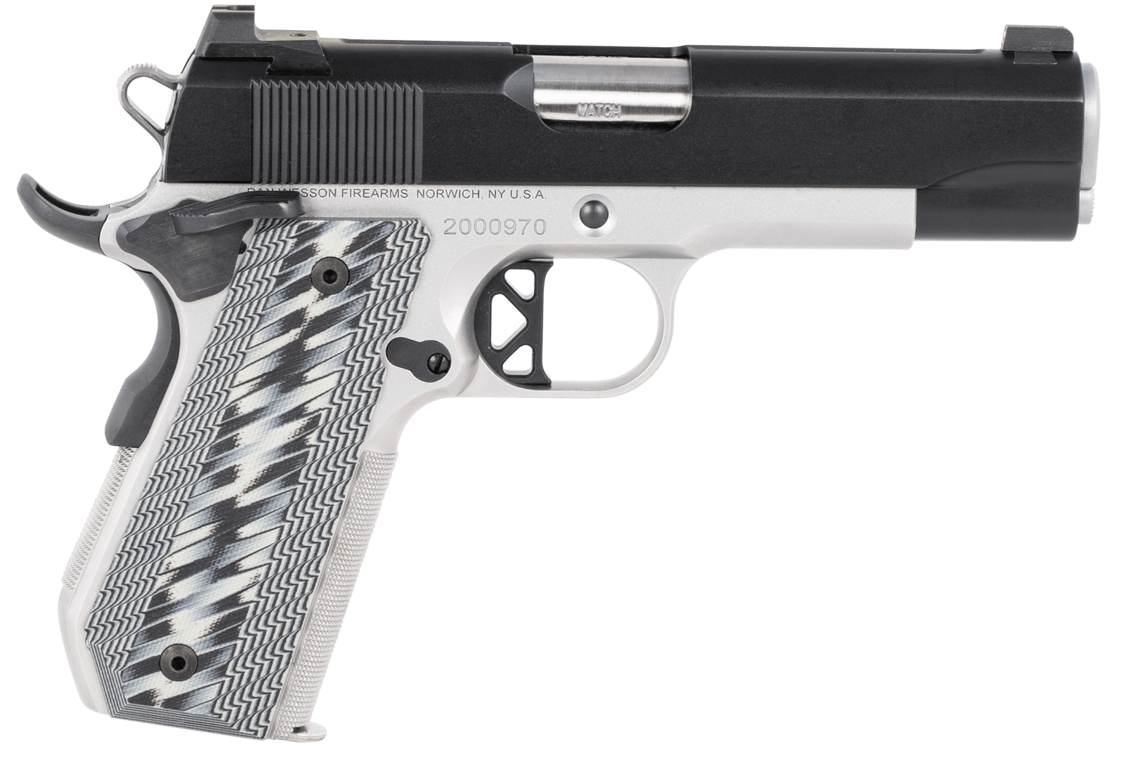 Dan Wesson 01825 V-Bob  45 ACP 8+1 4.25" Stainless Match Grade Barrel, Blued Serrated Stainless Steel Slide, Stainless Steel Frame w/Beavertail, Black/Gray G10 Grip, Ambidextrous