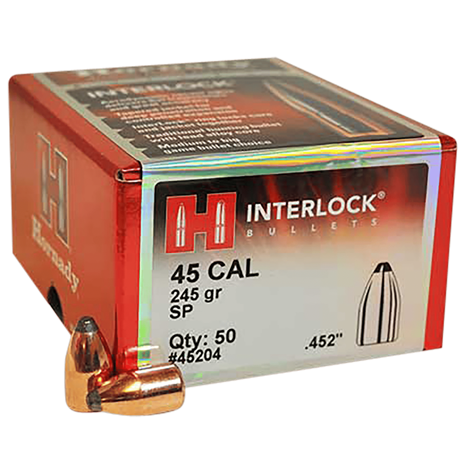 Hornady 45204 InterLock  45 Cal .452 245 gr Spire Point 50 Per Box/ 15 Case