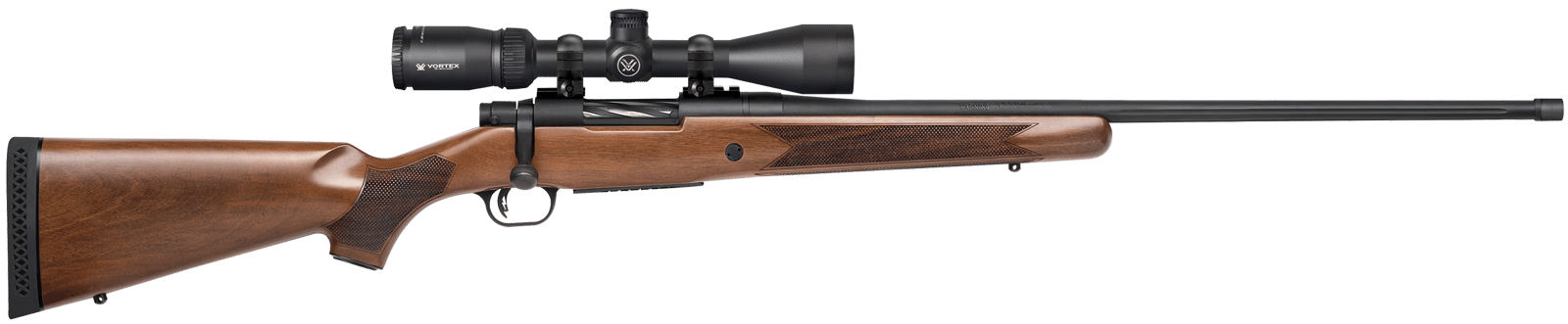Mossberg 28237 Patriot w/Optic Full Size 6.5 PRC 4+1 24" Matte Blued Fluted Threaded Barrel, Matte Blued Drilled & Tapped Receiver, Walnut Fixed Stock, Vortex Crossfire II 3-9x40mm Scope, Right Hand