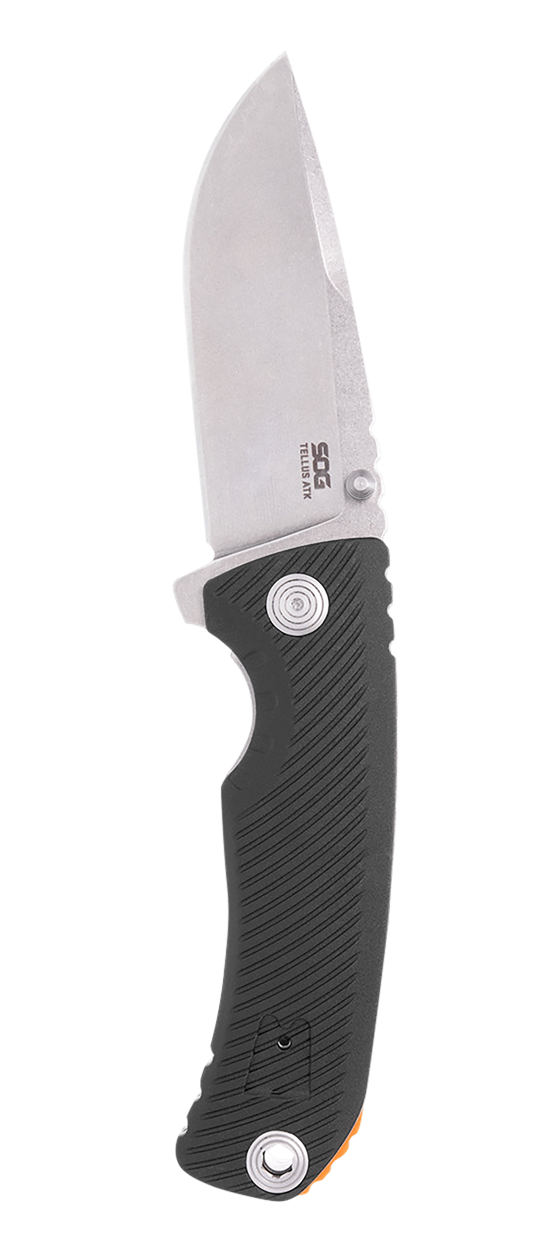 S.O.G SOG11060243 Tellus ATK 3.50" Folding Clip Point Plain Stonewashed Cryo 440C SS Blade/ Black Textured w/Orange Backspacer GRN Handle Includes Belt Clip