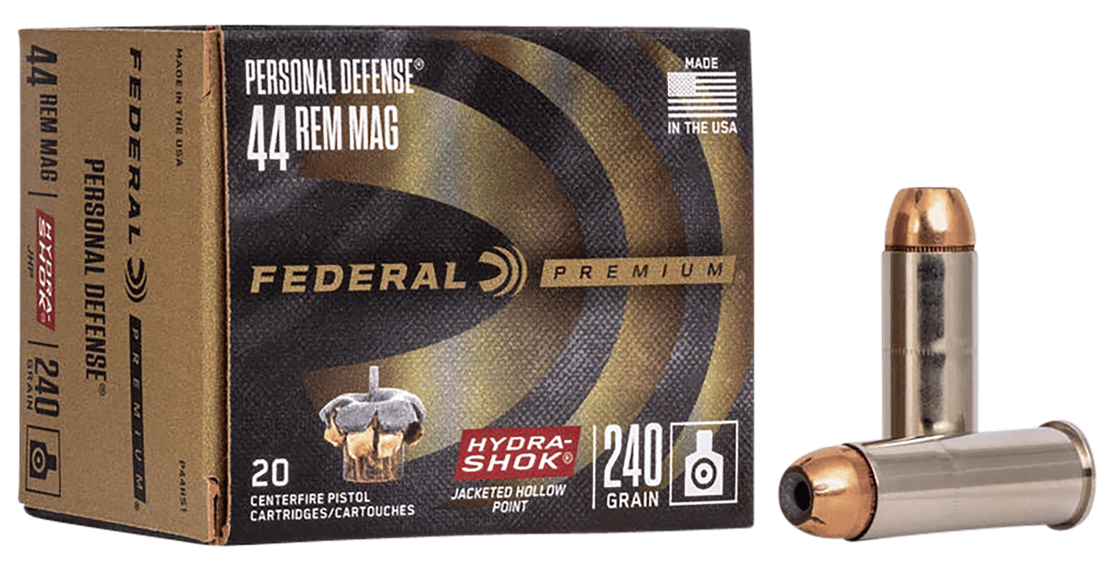 Federal P44HS1 Premium Personal Defense 44RemMag 240gr Hydra-Shok Jacketed Hollow Point 20 Per Box/25 Case
