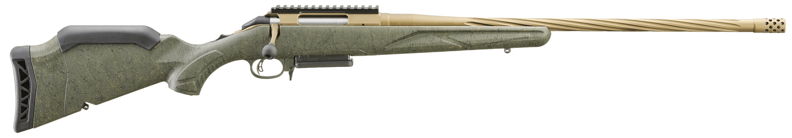 Ruger 46945 American II Predator 300 Win Mag 3+1 22" Burnt Bronze Cerakote Spiral Fluted Threaded Barrel & Alloy Steel Receiver w/Picatinny Rail, Green Splatter Adj LOP Synthetic Stock