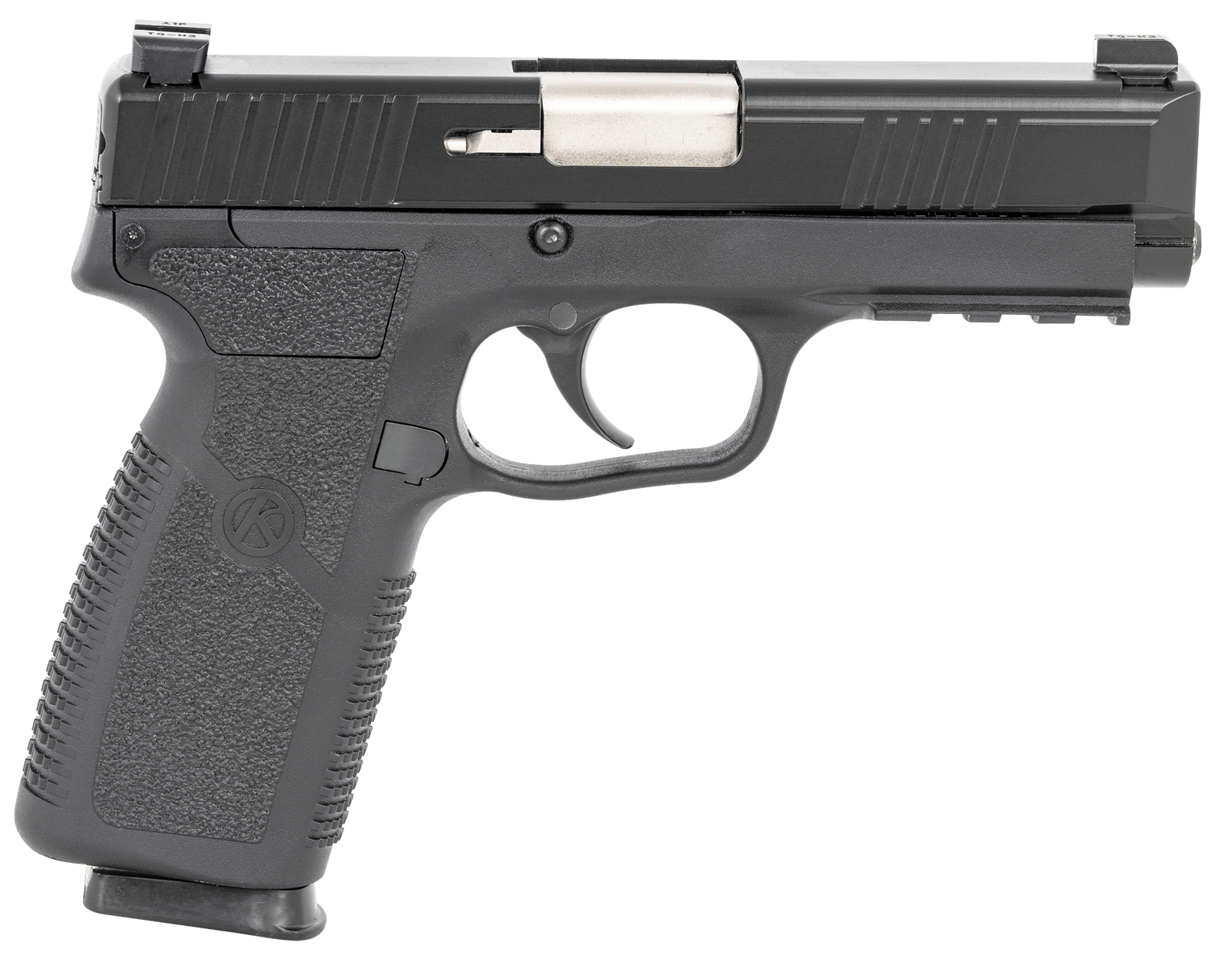 Kahr Arms TP90S94N TP9-2 9mm Luger Caliber with 4" Barrel, 8+1 Capacity, Black Finish Picatinny Rail Frame, Serrated Matte Black Stainless Steel Slide, Textured Polymer Grip & TruGlo Night Sights