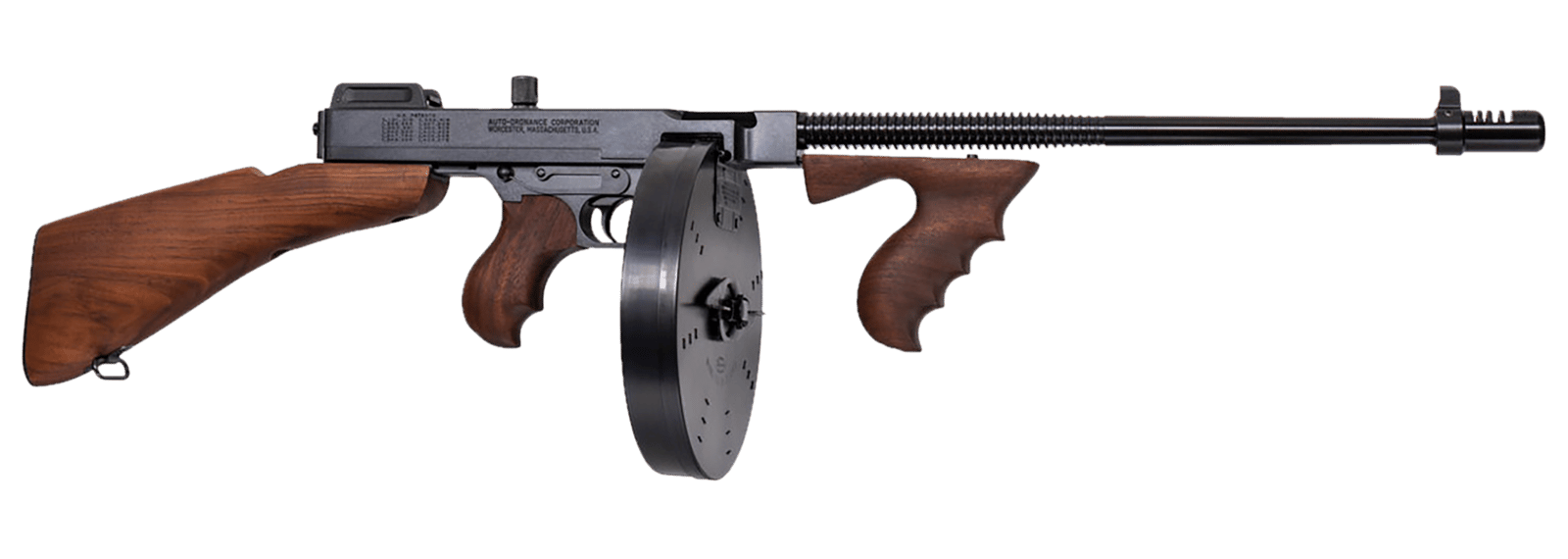 Thompson T1B100D 1927A-1 Deluxe Carbine 45 ACP Caliber with 18" Barrel, 20+1 Capacity (Stick), 100+1 Capacity (Drum), Blued Metal Finish, American Walnut Removable Fixed Stock & Wood Grip Right Hand