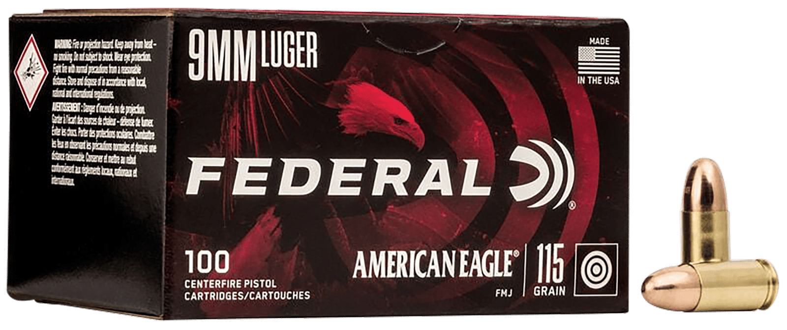 Federal AE9DP100 American Eagle Handgun 9mmLuger 115gr Full Metal Jacket 100 Per Box/5 Case