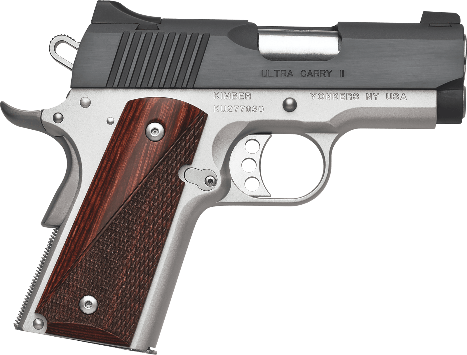 Kimber Mfg, Inc 3200321 Ultra Carry II 45 ACP 7+1 3" Stainless Match Grade Barrel, Matte Black Brushed Serrated Steel Slide, Satin Silver Aluminum Frame w/Beavertail, Rosewood Grip
