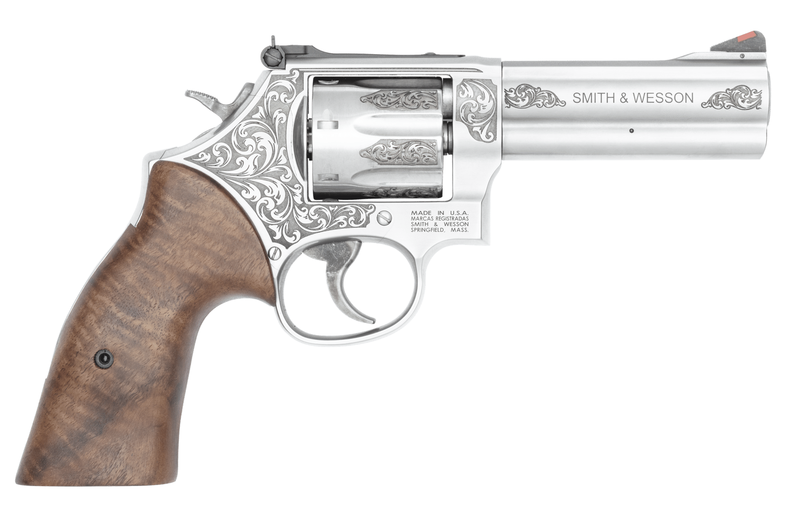 Smith & Wesson 14783 Model 686 + L-Frame Medium 357 Mag/38 Special +P 7 Shot 4.13" Stainless Steel Engraved Barrel, Cylinder & Frame, Tyler Gun Works Bear Hugger Walnut Grip, Exposed Hammer