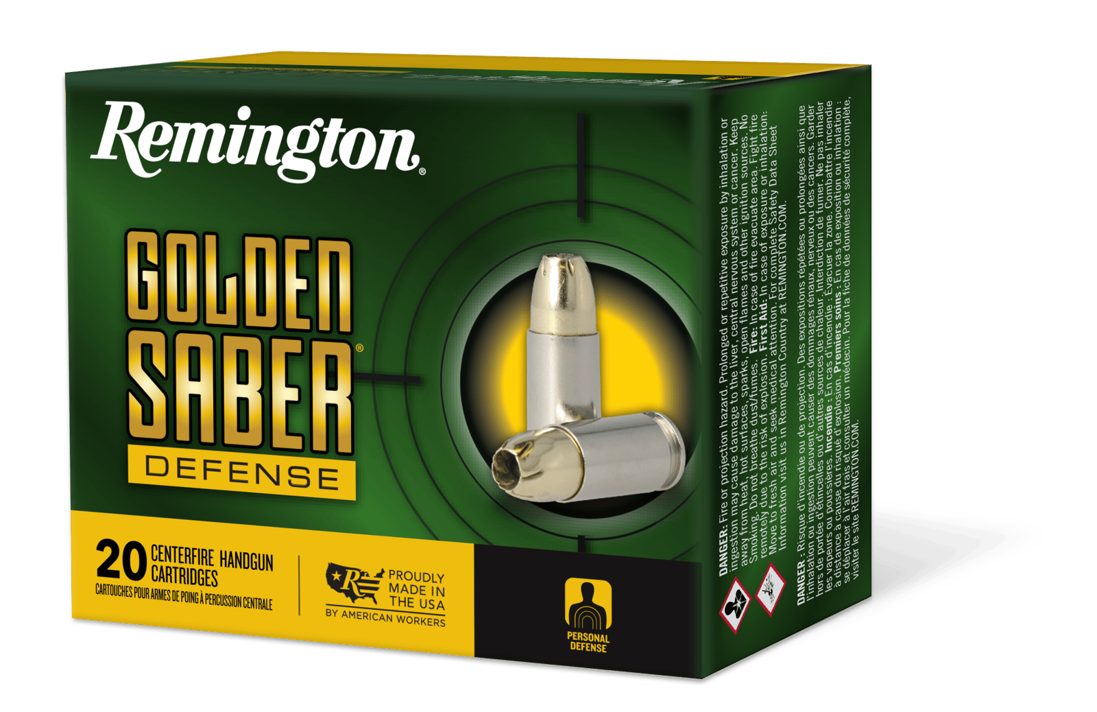 Remington Ammunition 27609 Golden Saber Defense 45ACP 185gr Brass Jacketed Hollow Point 20 Per Box/25 Case