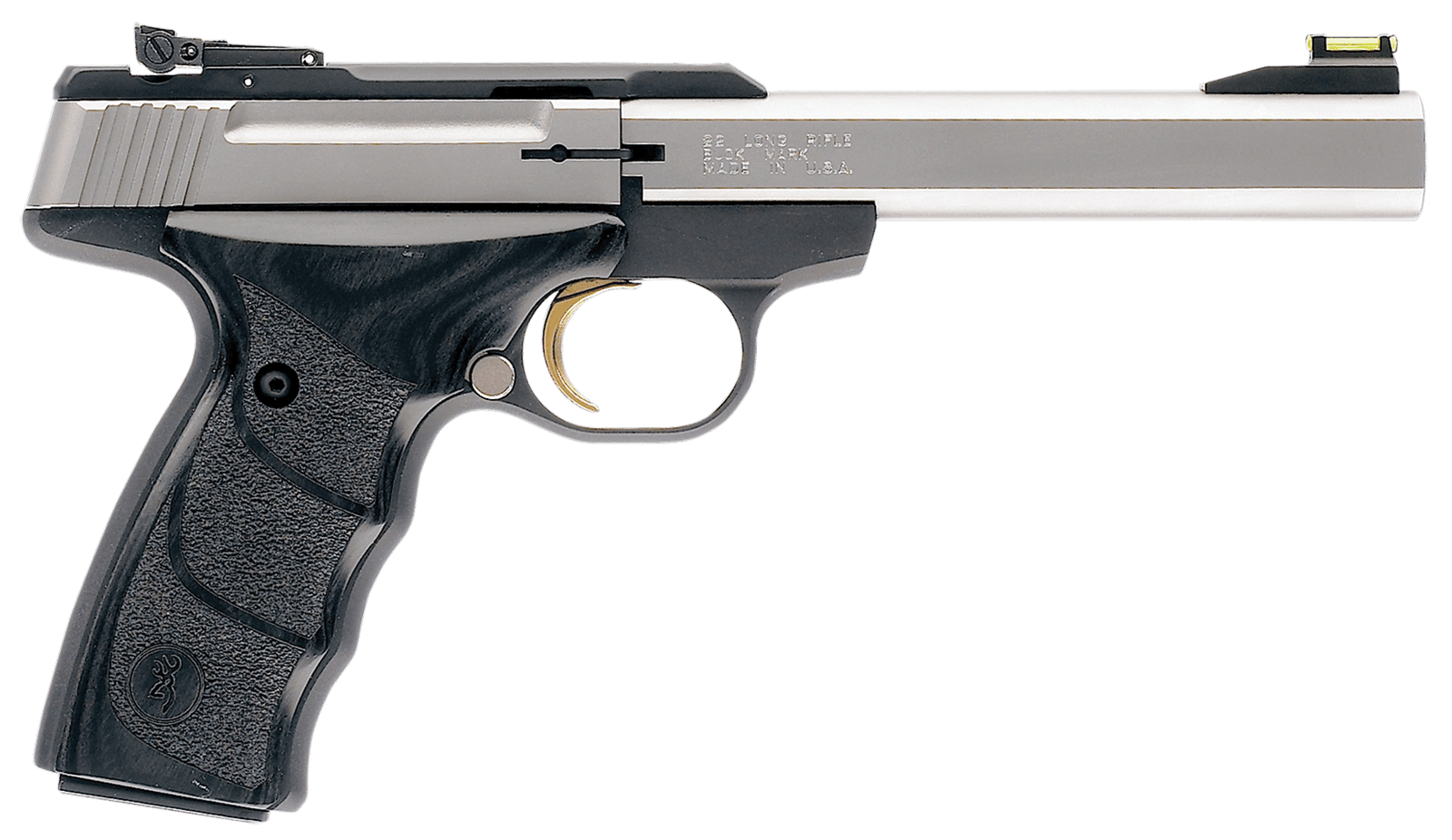 Browning 051427490 Buck Mark Plus *CA Compliant 22 LR 10+1 5.50" Slab Side Barrel, Serrated SS Slide, Matte Black Aluminum Frame, Black Laminate Wood Grips