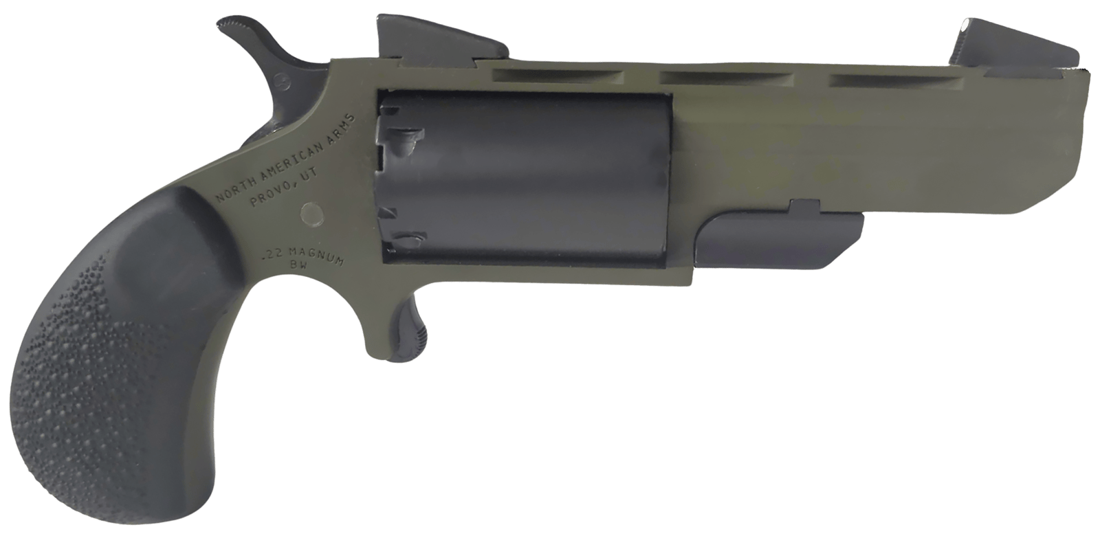 North American Arms TGHMB Green Huntsman 22 WMR 5 Shot 2" OD Green Cerakote Heavy Vent Rib Barrel, OD Green Cerakote Steel Frame, Matte Black Cylinder, Black Cobblestone Rubber Grip, Exposed Hammer