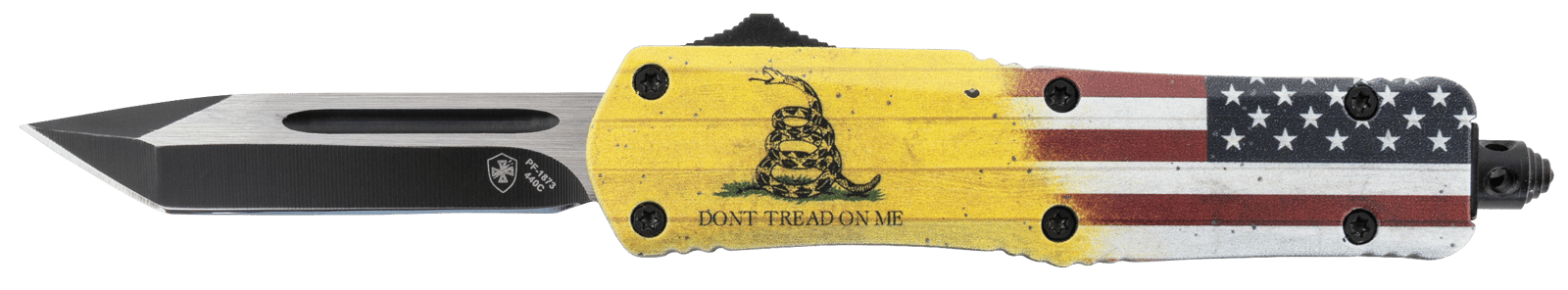 Templar Knife S-DTOM-23-1 Gen II Don't Tread On Me Small 2.69" OTF Plain Black Oxide 440C SS Blade, 4.25" Yellow w/Flag & "Don't Tread On Me" Aluminum Handle, Glass Breaker