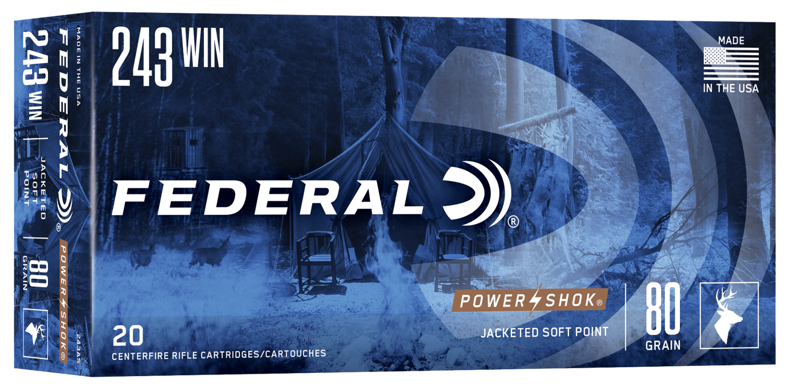 Federal 243AS Power-Shok 243Win 80gr Jacketed Soft Point 20 Per Box/10 Case