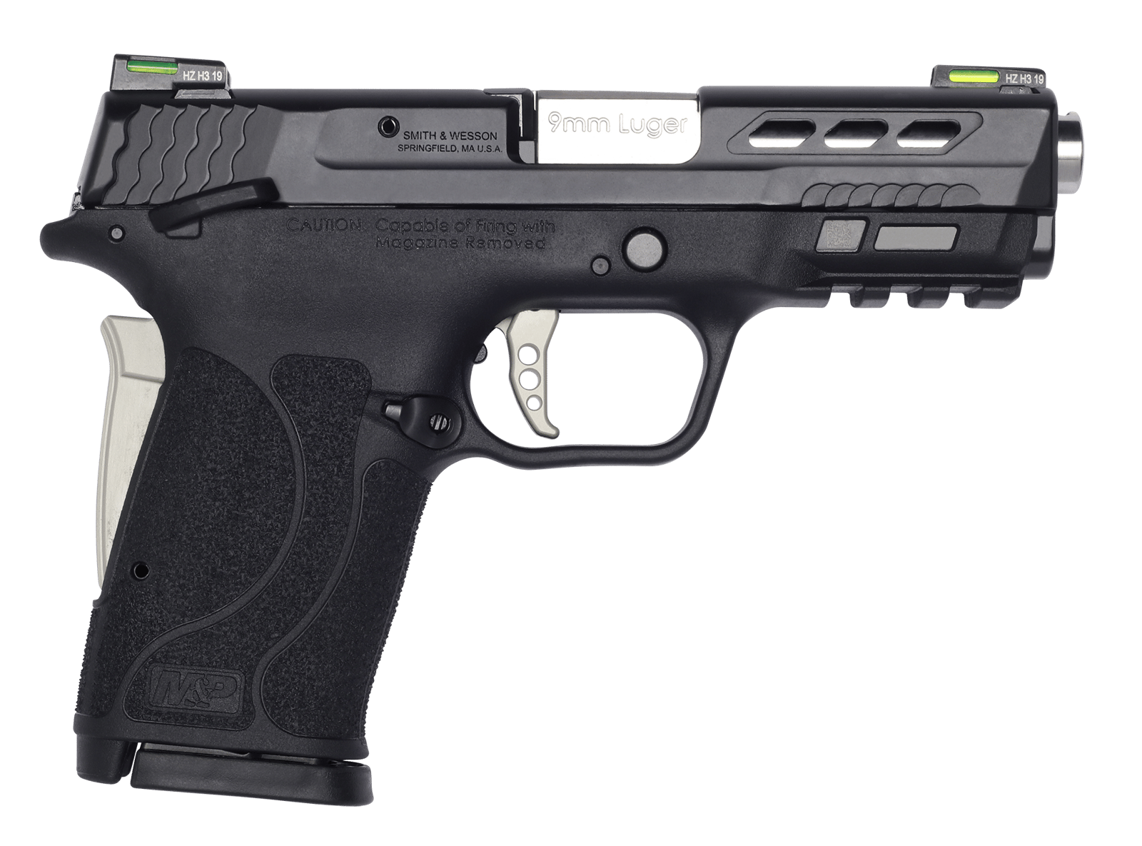 Smith & Wesson 13225 Performance Center M&P Shield EZ M2.0 9mm Luger 3.80" 8+1 Matte Black Black Armornite Stainless Steel Ported Slide Black Polymer Grip Sliver Colored Accents