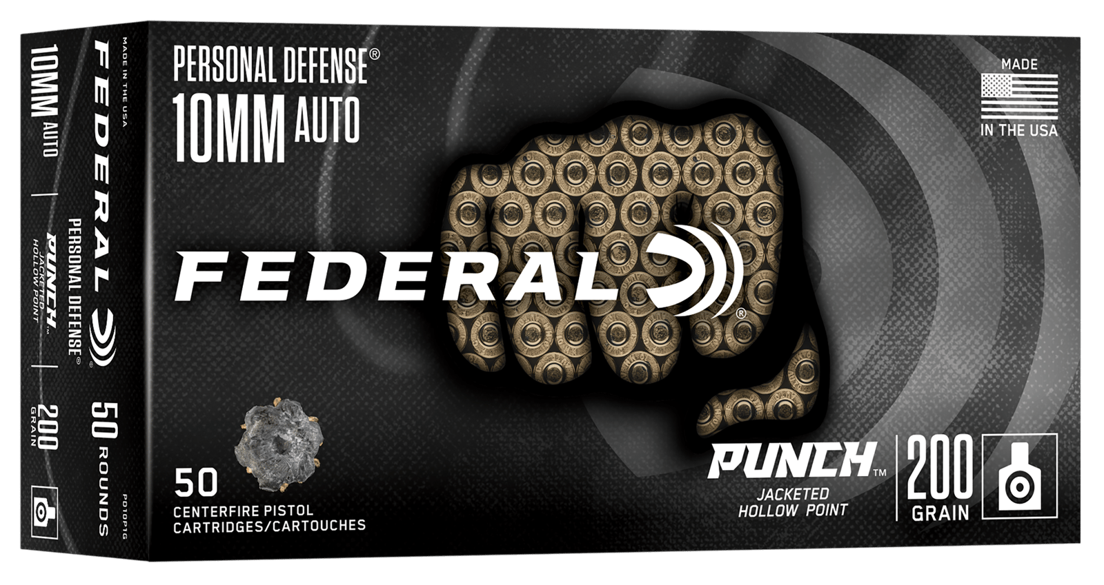 Federal PD10P1G Punch 10mmAuto 200gr Jacketed Hollow Point 50 Per Box/10 Case