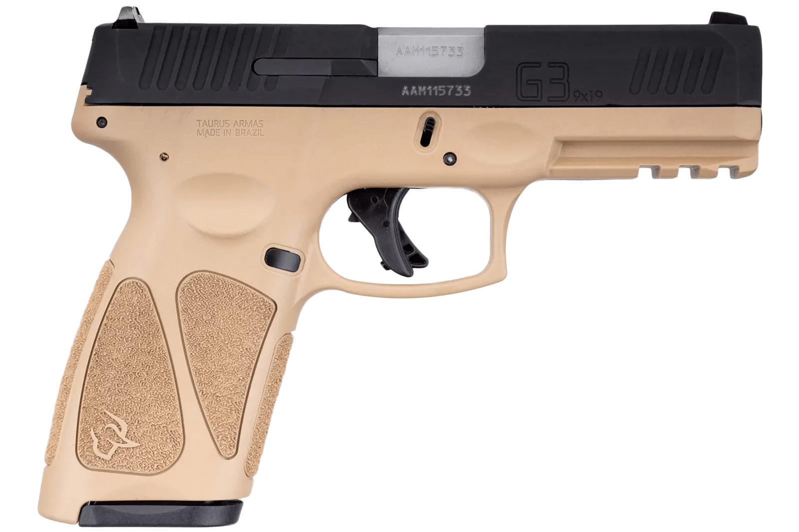 Taurus 1G3B941T G3 9mm Luger 15+1 Or 17+1 4" Matte Stainless Steel Barrel, Tan Polymer Frame With Picatinny Acc. Rail, Tenifer Matte Black Steel Slide, Re-Strike Capability, Manual Safety