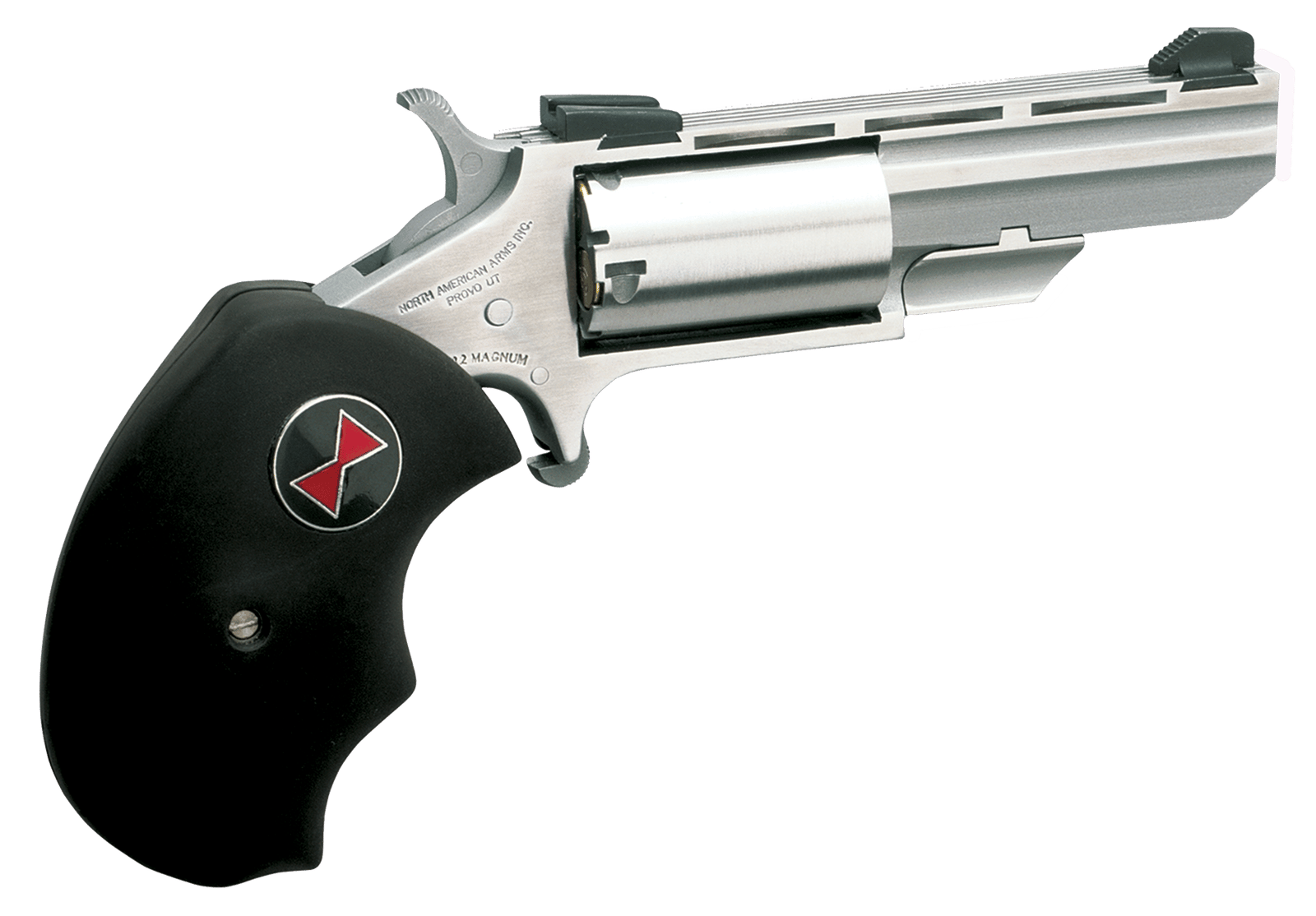 North American Arms BWL Black Widow Compact Frame 22 LR 5 Shot 2" Stainless Steel Vent Rib Barrel, Stainless Steel Frame, Stainless Cylinder, Black Finger Grooved Rubber Grip, Exposed Hammer