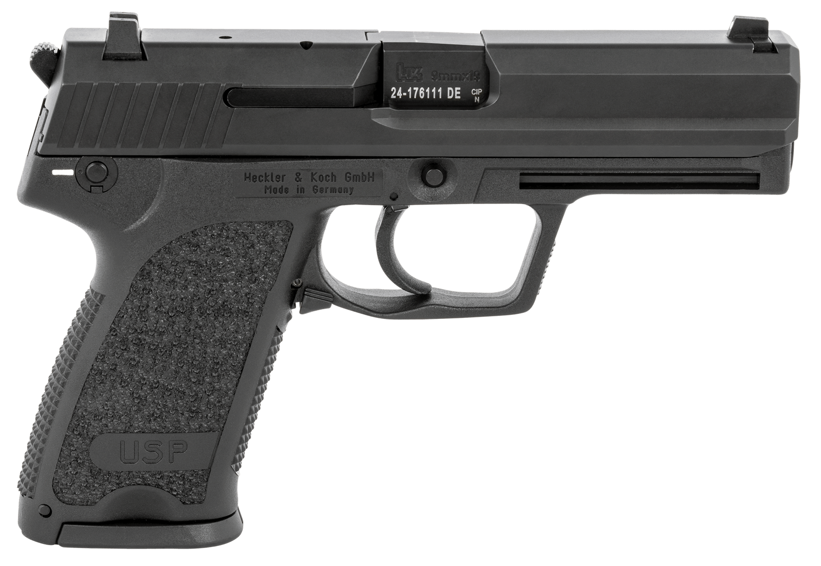 HK 81000309 USP V1 SA/DA 9mm Luger Caliber with 4.25" Barrel, 10+1 Capacity, Overall Black Finish, Serrated Trigger Guard Frame, Serrated Steel Slide & Polymer Grip Includes 2 Mags