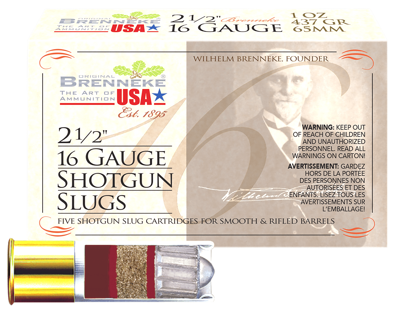 Brenneke SL162BR Brenneke 16 16Gauge 2.50" 1oz Slug Shot 5 Per Box/50 Case