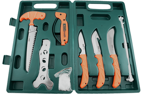 AccuSharp 728C Game Processing Kit Butcher/Caper/Gut-Hook/Bone Saw/Ribcage Spreader Gut Hook/Saw/Plain Stainless Steel Blade Orange FRN Handle