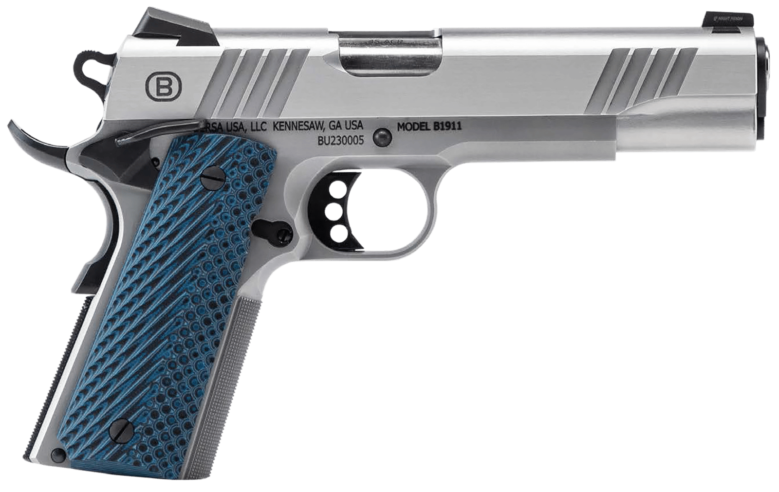 Bersa B19117050SMBL B1911 Full Size Frame 45 ACP 8+1 5" Stainless Steel Barrel, Polished Stainless Serrated Steel Slide, Matte Stainless Stainless Steel Frame w/Beavertail, Blue VZ Grip, Ambidextrous