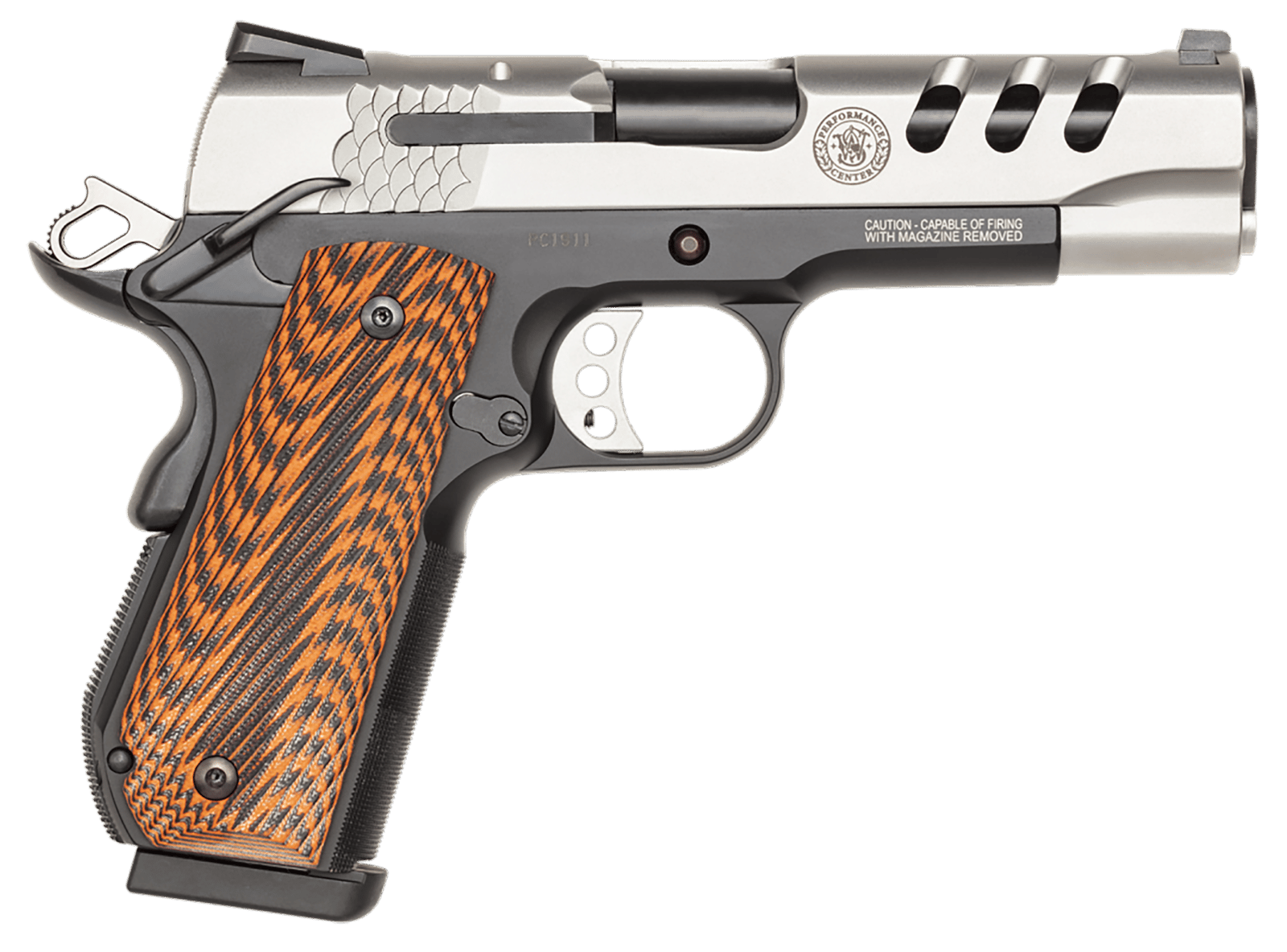 Smith & Wesson 170344 1911 Performance Center 45 ACP 4.25" Throated Barrel 8+1, Black Scandium Frame, Ported Matte Stainless Steel Slide, G10 Custom Wood Grip, Ambidextrous Safety