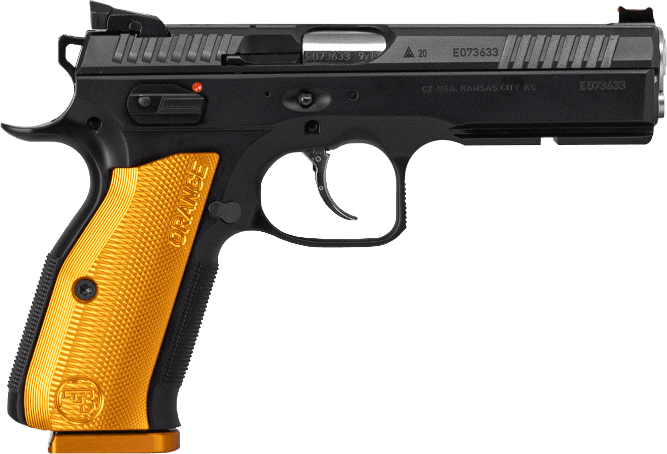 CZ-USA 91248 Shadow 2 9mm Luger 17+1 4.89" Stainless Steel Barrel, Black Nitride Optic Cut/Serrated Slide, Black Steel Frame w/Beavertail & Picatinny Rail, Orange Checkered Aluminum Grip