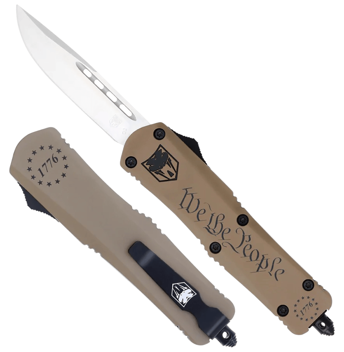 CobraTec Knives SWTPFS3DNS FS-3 We The People Small 2.75" OTF Drop Point Plain Aluminum Cerakoted D2 Steel Blade, Tan "We The People" Aluminum Handle