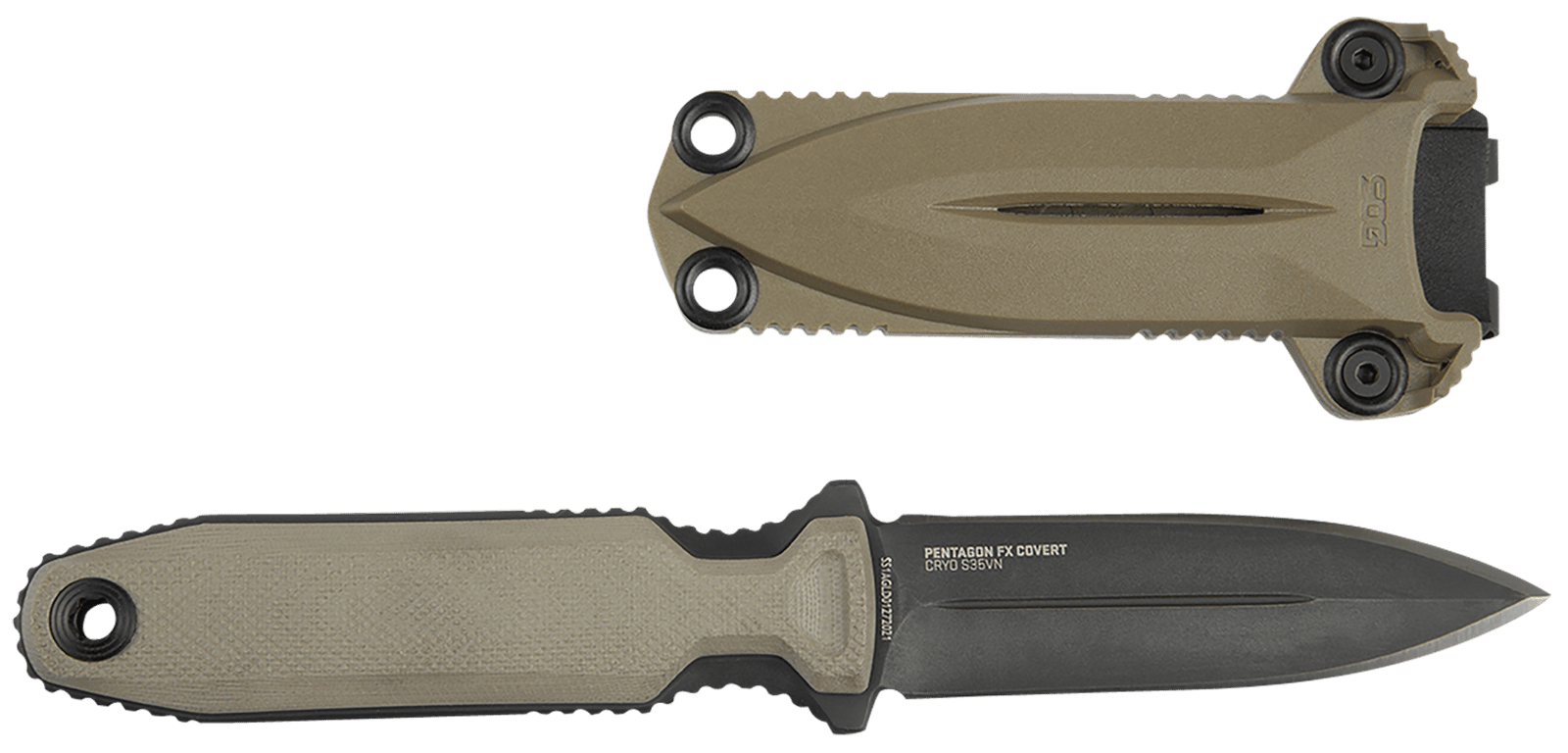 S.O.G SOG17610457 Pentagon FX Covert 3.41" Fixed Spear Point Plain Black Titanium Nitride Cryo CPM S35VN Blade/G10 Flat Dark Earth Handle